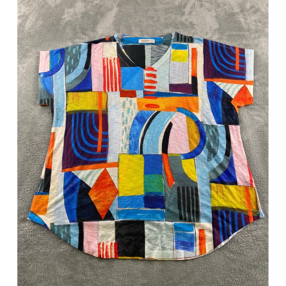 Jess & Jane Womens Abstract Geometric Art Print V-Neck Top Multicolor Large